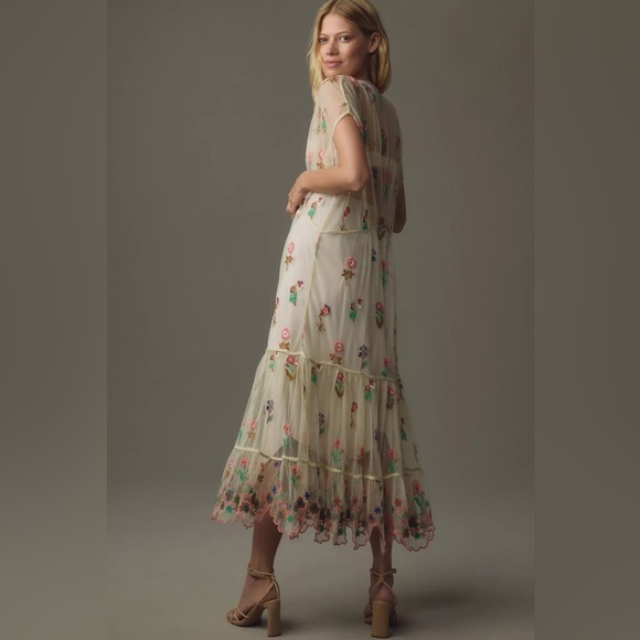 Anthropologie NWT BL^NK Sheer Embroidered Overlay Duster Cream Tan Pink One Size - Picture 2 of 14